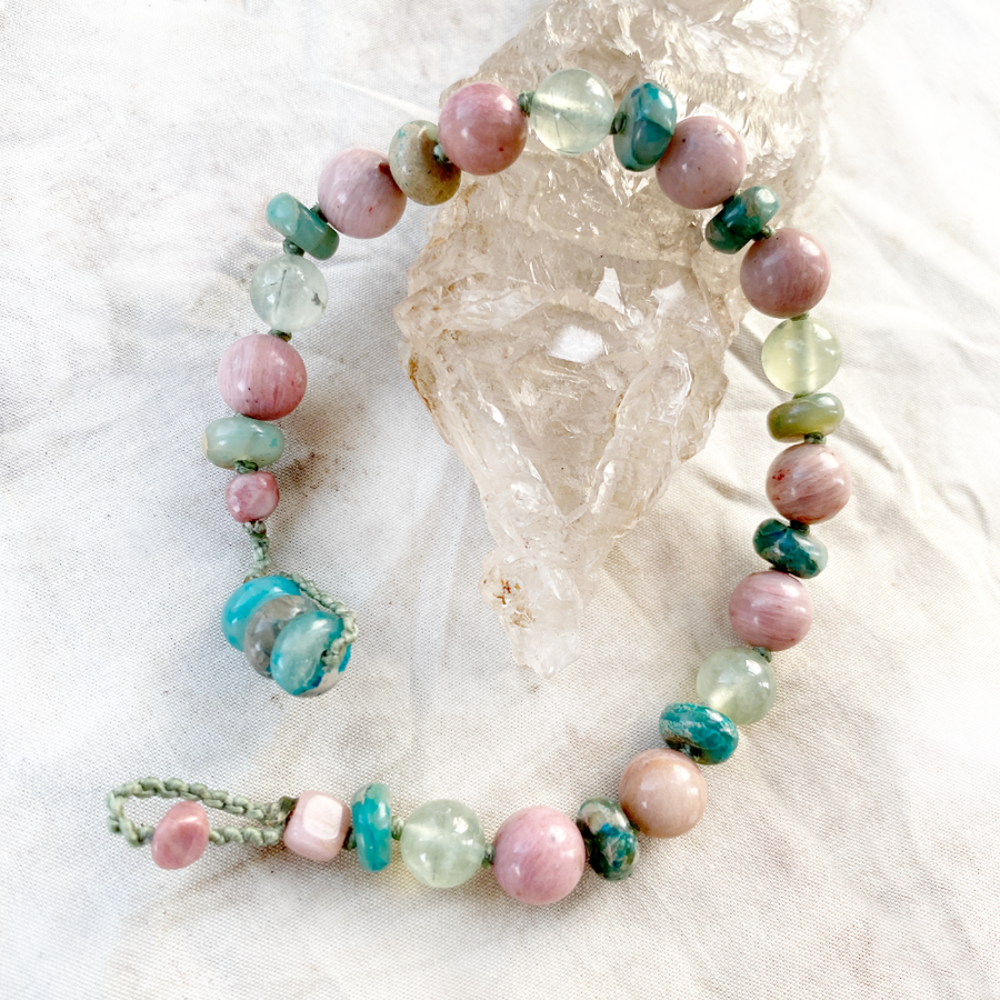 Crystal healing bracelet with Rhodonite, Prehnite and Variscite ~ for wrist size up to 6.75