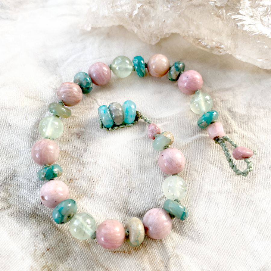 Crystal healing bracelet with Rhodonite, Prehnite and Variscite ~ for wrist size up to 6.75