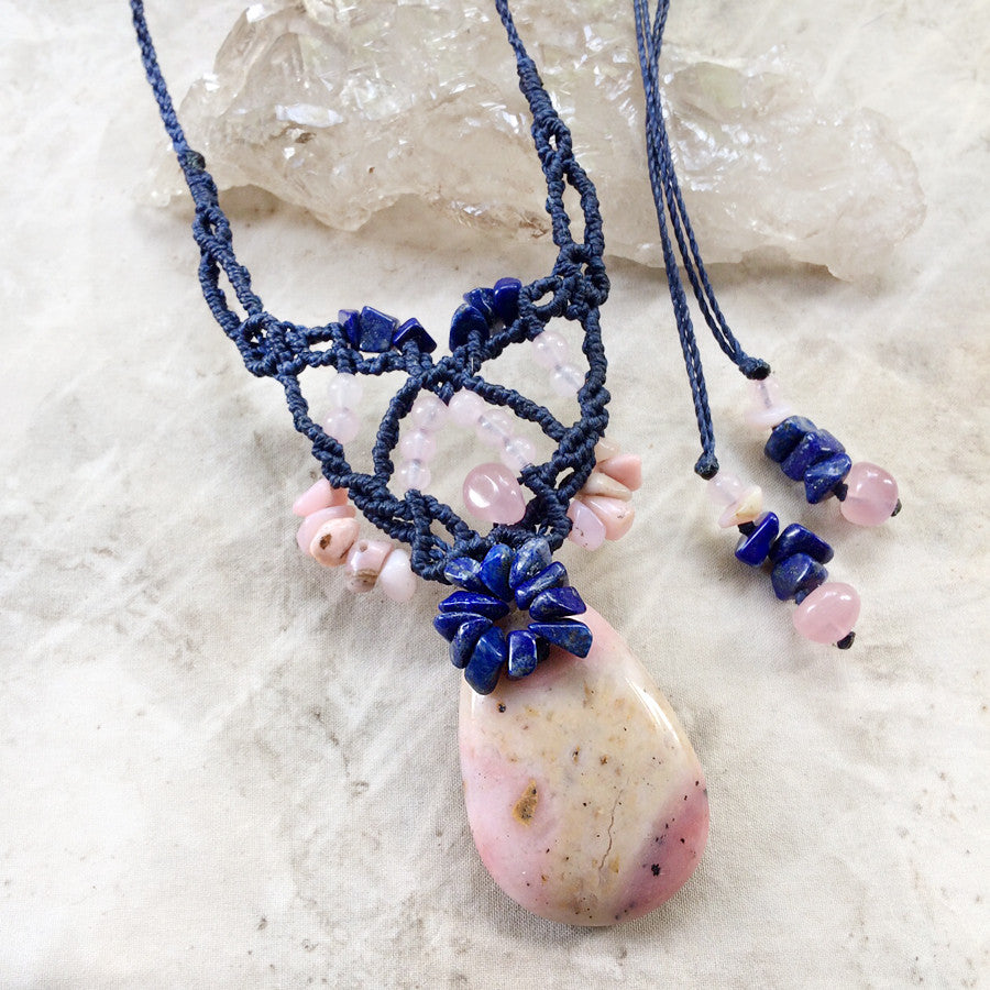 Crystal amulet with Peruvian Pink Opal, Lapis Lazuli & Rose Quartz