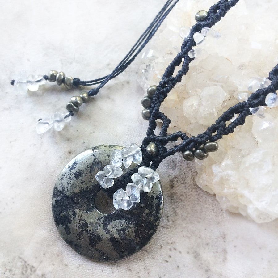 'Moon's Embrace' ~ Pyrite crystal healing amulet with clear Quartz