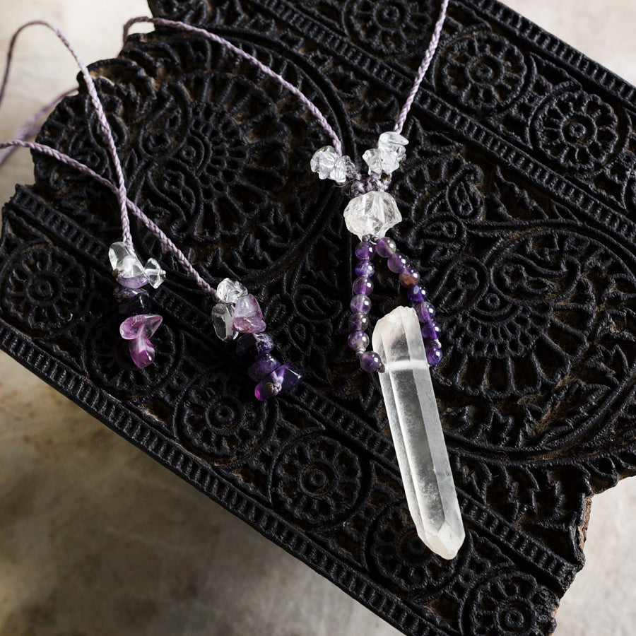 'Purpose' ~ crystal healing amulet with Quartz point, Amethyst & Topaz