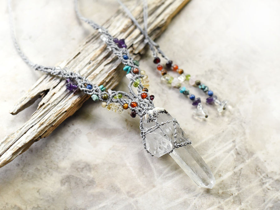 Chakra crystal amulet with raw, natural Quartz point