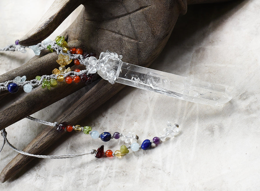 'Aurora Light Guardian' ~ Quartz point amulet necklace with chakra crystal highlights