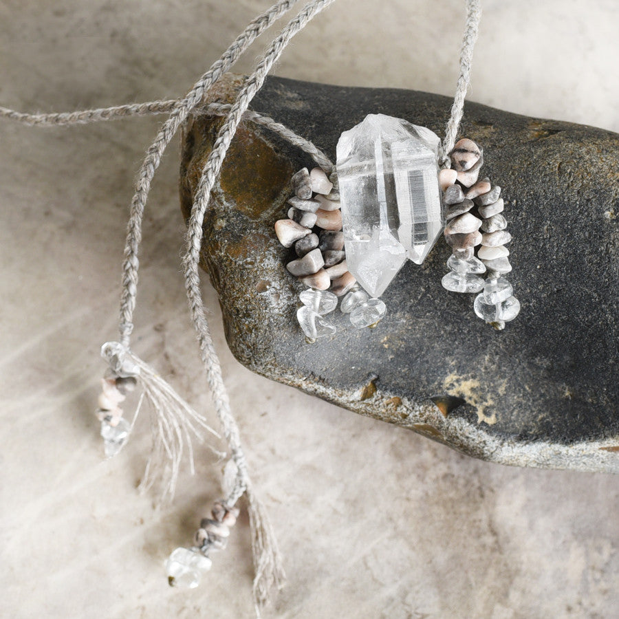 'Soul Clarity' ~ Quartz crystal talisman with Zebra Jasper, in organic linen braid