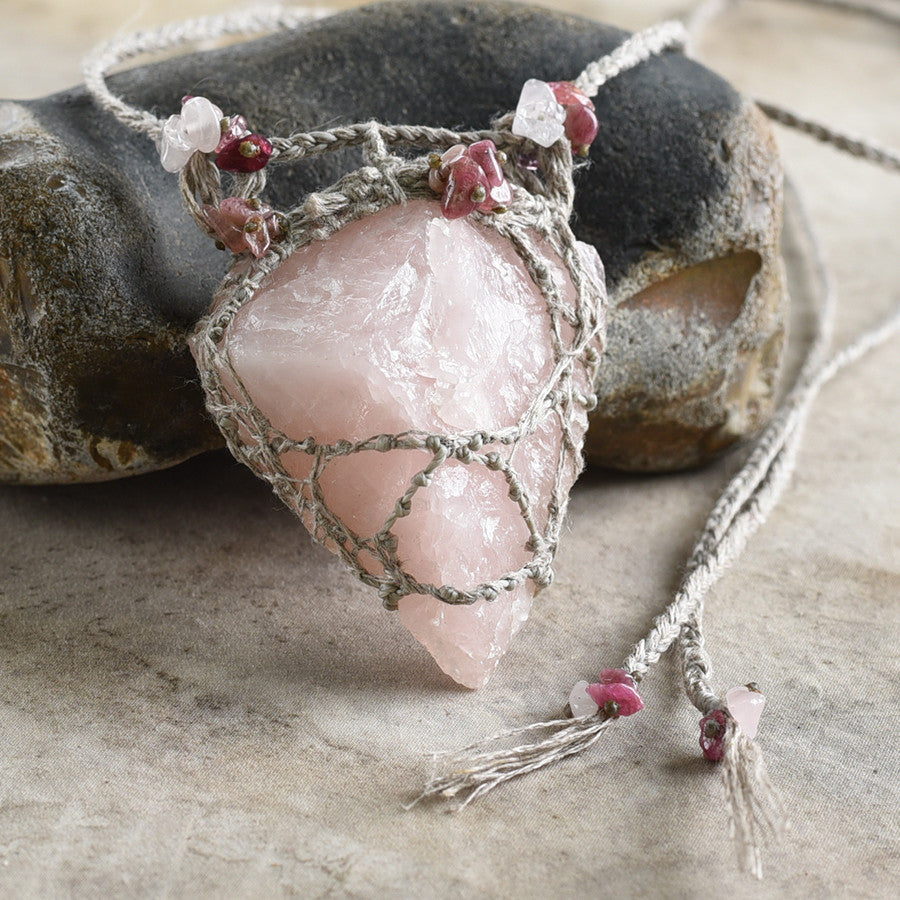 Rose Quartz talisman with Rubellite, in organic linen braid