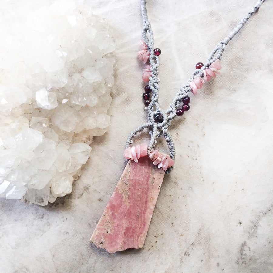 'Heart Flow' ~ Rhodochrosite crystal healing amulet with Almandine Garnet