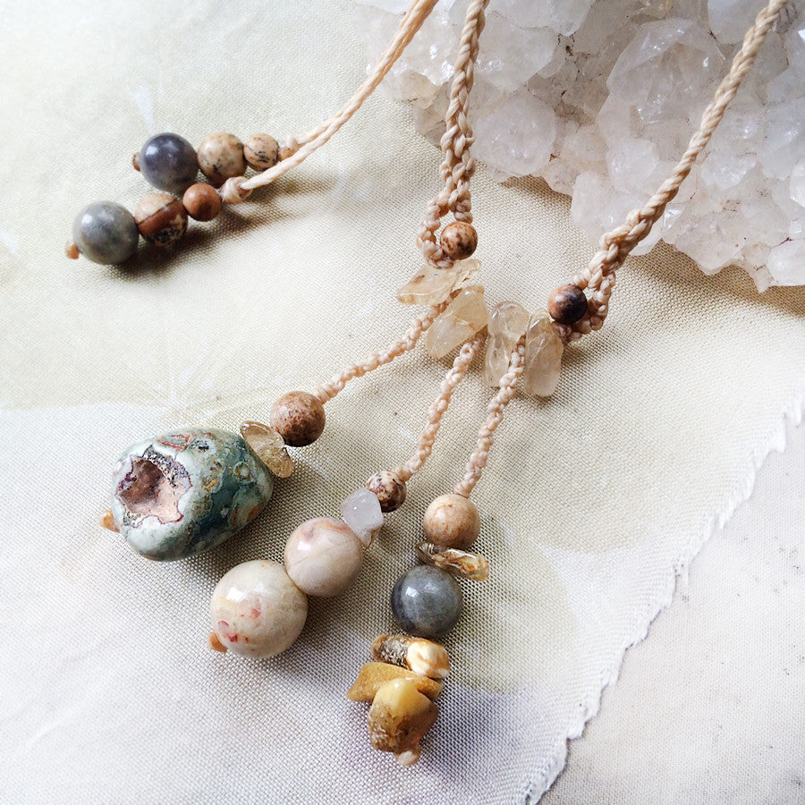 'Energy Keys' ~ crystal amulet with Rhyolite, Amber, Crazy Lace Agate, Labradorite, Picture Jasper & Gold Rutile Quartz