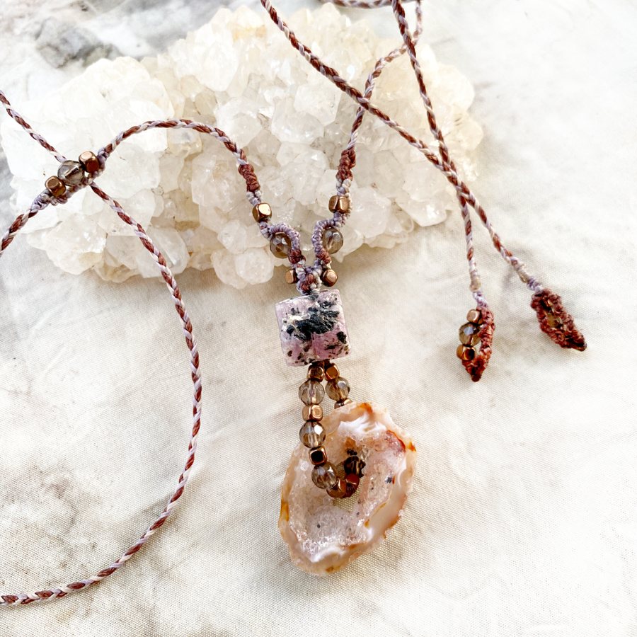 Crystal healing amulet with Ruby, Agate, Smokey Quartz & Hematite