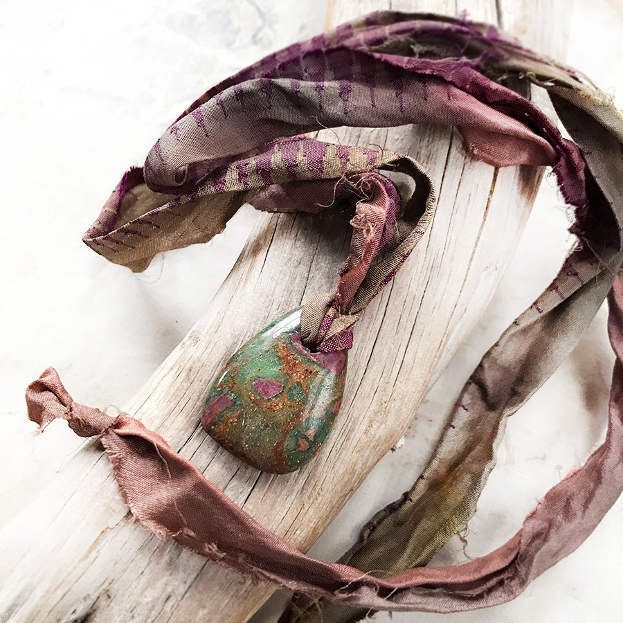 Talismanic Ruby Fuchsite crystal healing necklace with silk ribbon