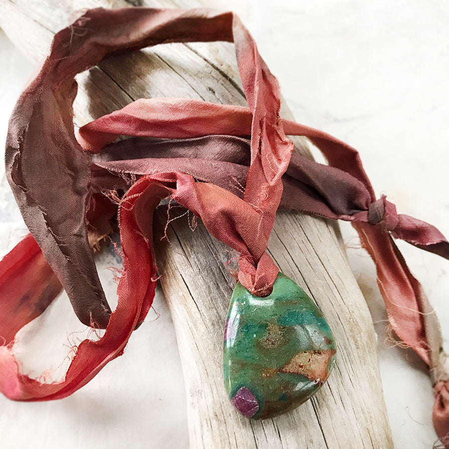 Talismanic Ruby Fuchsite crystal healing necklace with silk ribbon