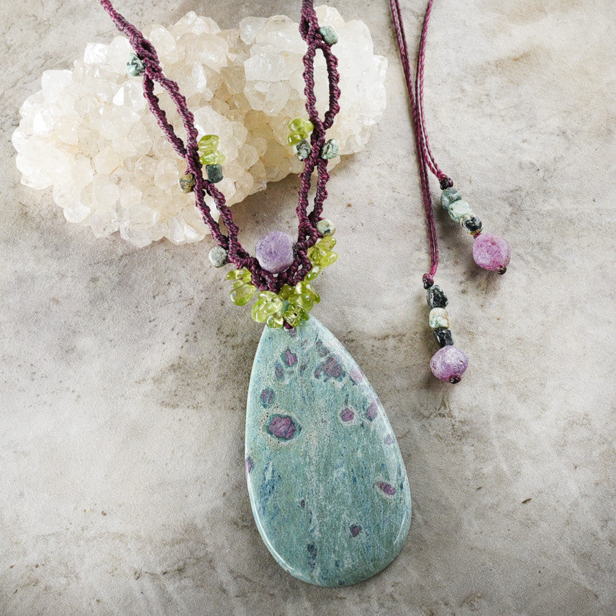 'Secret Garden' ~ Ruby in Fuchsite crystal amulet with Peridot, African Turquoise Jasper & raw Ruby