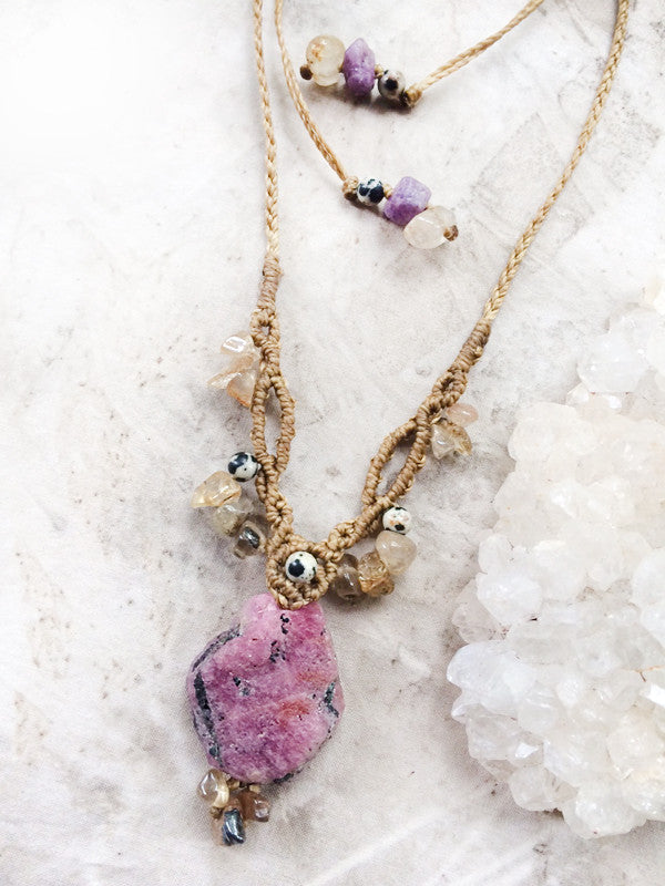 Crystal amulet with raw Ruby, Dalmatian Jasper & Gold Rutile Quartz