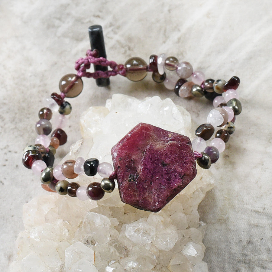 Crystal healing bracelet with raw Ruby ~ for wrist size 6