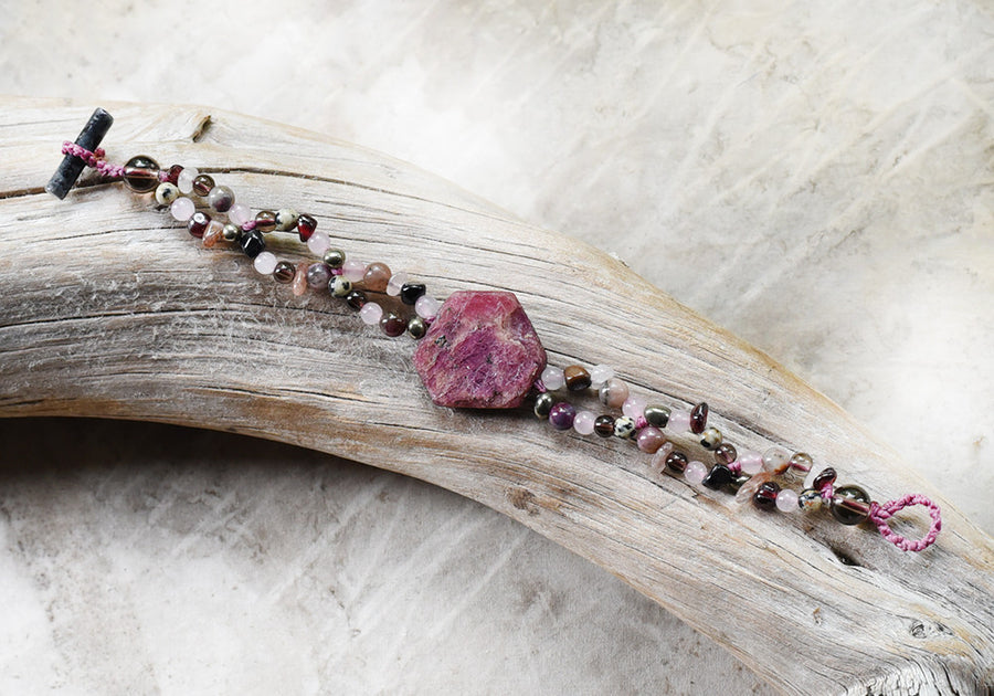 Crystal healing bracelet with raw Ruby ~ for wrist size 6
