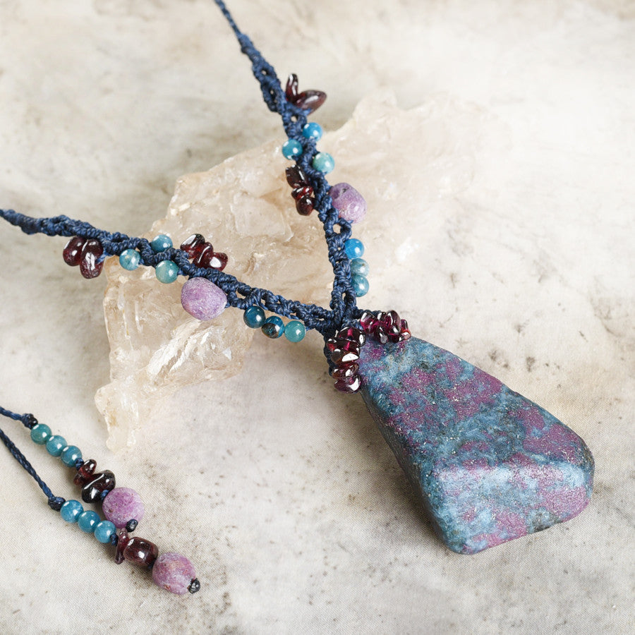 'Midnight Rose' ~ Ruby in Kyanite crystal amulet with Almandine Garnet, Apatite & raw Ruby