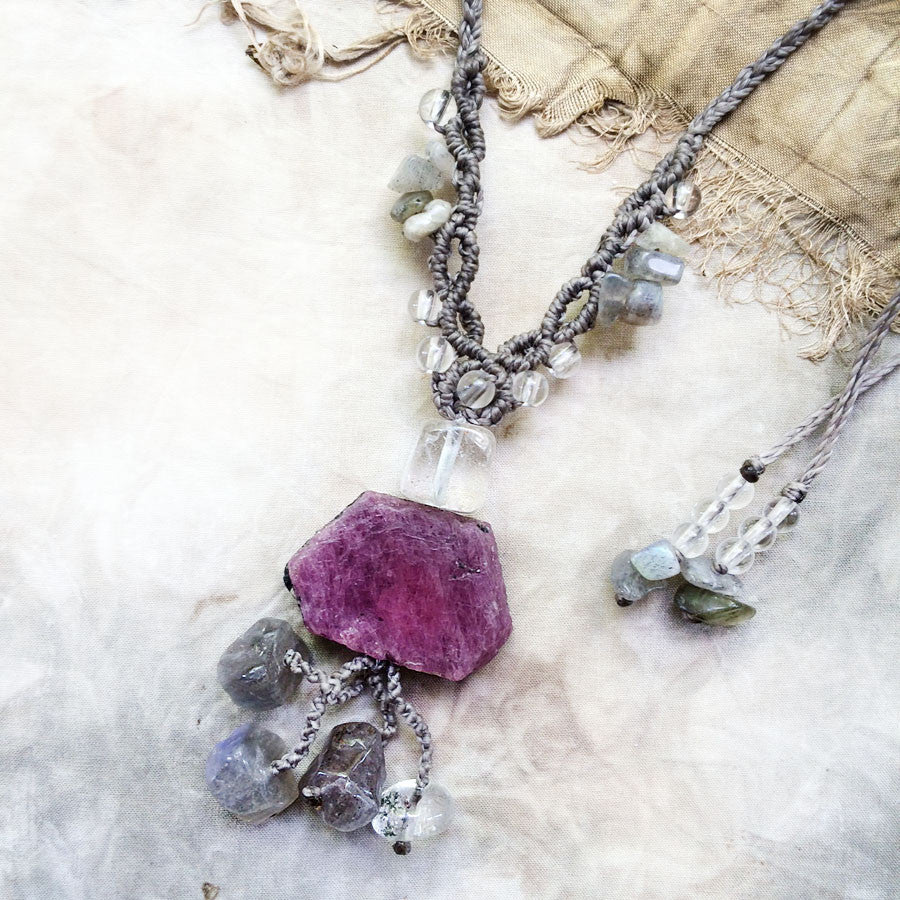Crystal healing amulet with raw Ruby, Labradorite & Shaman Dream Stone Quartz