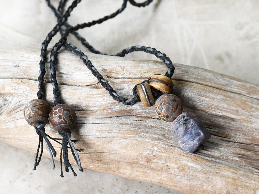 Stone talisman for men ~ with raw Sapphire, Tibetan Dzi Agate & antique mala beads