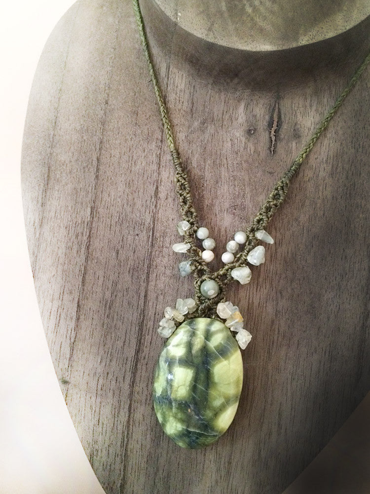 'Serenity' ~ Serpentine crystal amulet with Prehnite & Peace Jade