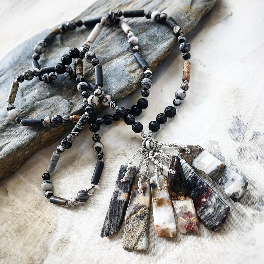 Crystal healing necklace with Silver Leaf Jasper, Picasso Jasper, Black Line Jasper & Lava Stone