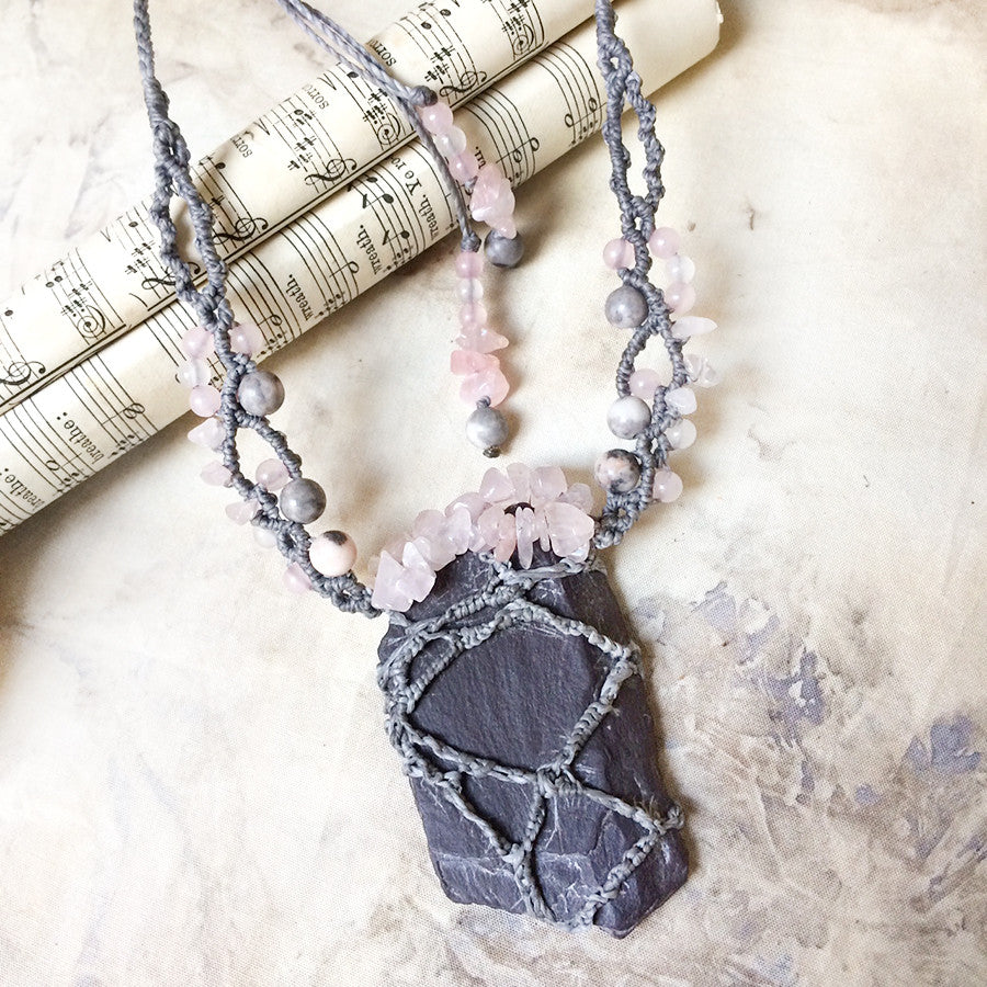 Slate stone talisman with Rose Quartz & Zebra Jasper