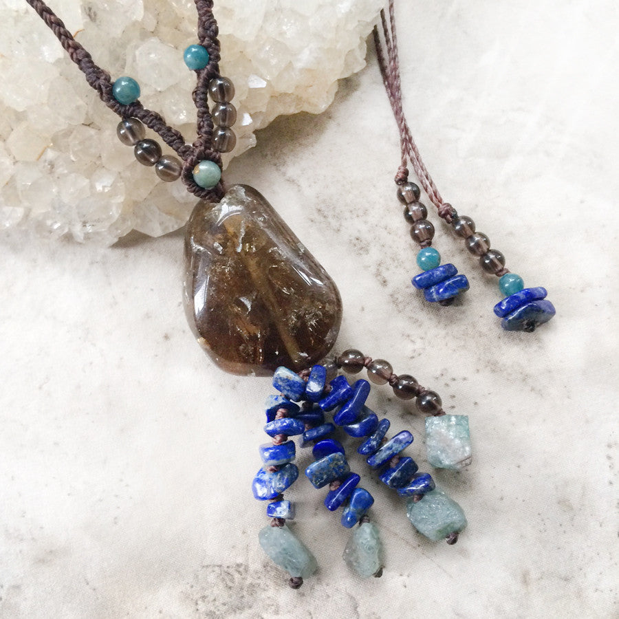 'Calm Winds' ~ Smokey Quartz crystal amulet with Lapis Lazuli & Apatite