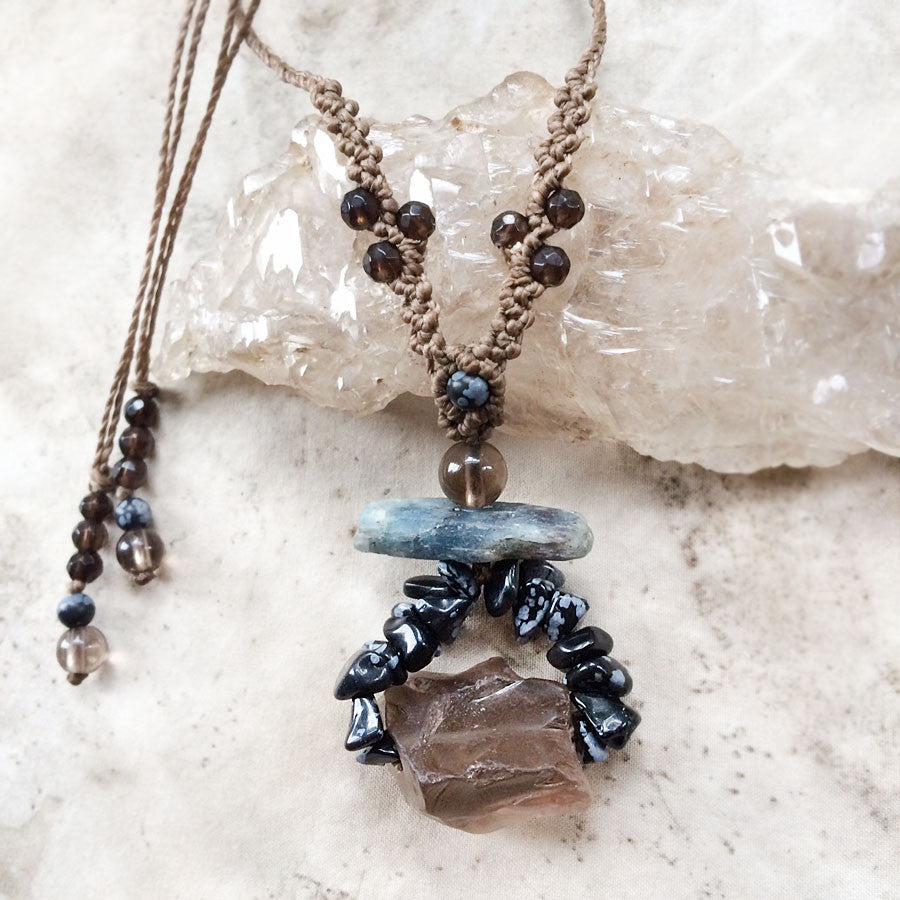 'Balance Within' ~ crystal amulet with Smokey Quartz, Kyanite & Snowflake Obsidian