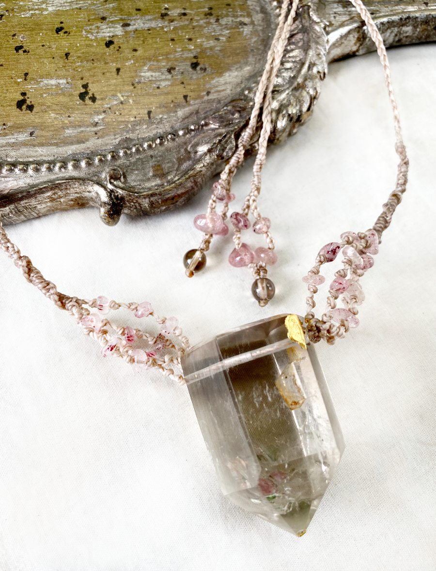 Smokey Quartz point crystal healing amulet ~ with gold leaf