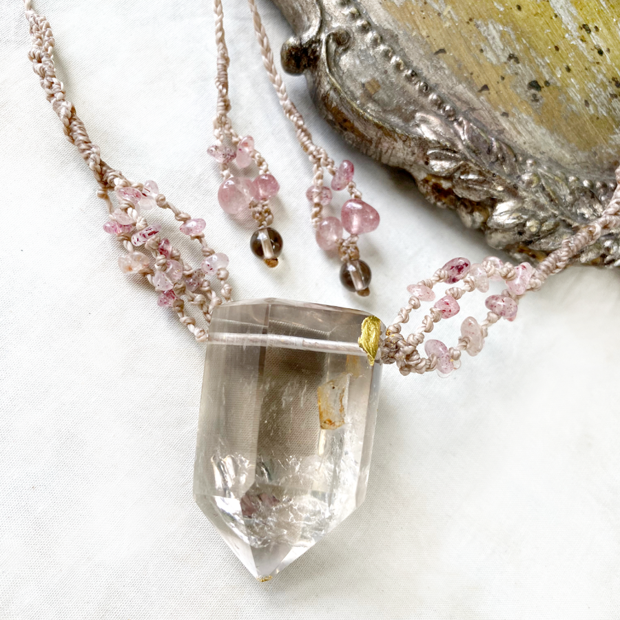 Smokey Quartz point crystal healing amulet ~ with gold leaf