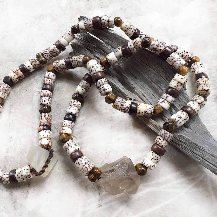 Stone talisman for men ~ with Smokey Quartz, Tiger Eye, Topaz & wooden beads