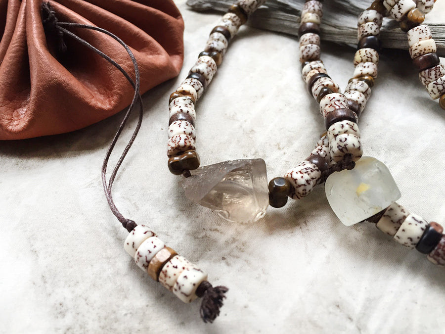 Stone talisman for men ~ with Smokey Quartz, Tiger Eye, Topaz & wooden beads