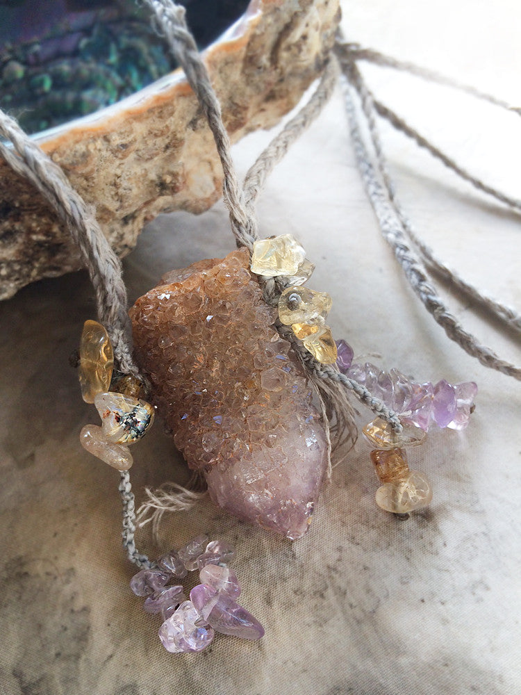 Crystal amulet with Spirit Quartz, Amethyst, Citrine & Gold Rutile Quartz in linen braid