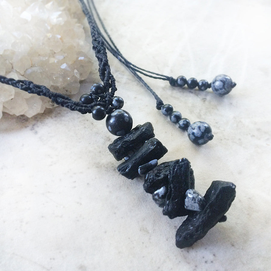 'Warrior's Guardian' ~ crystal cairn amulet with Tektite & Snowflake Obsidian