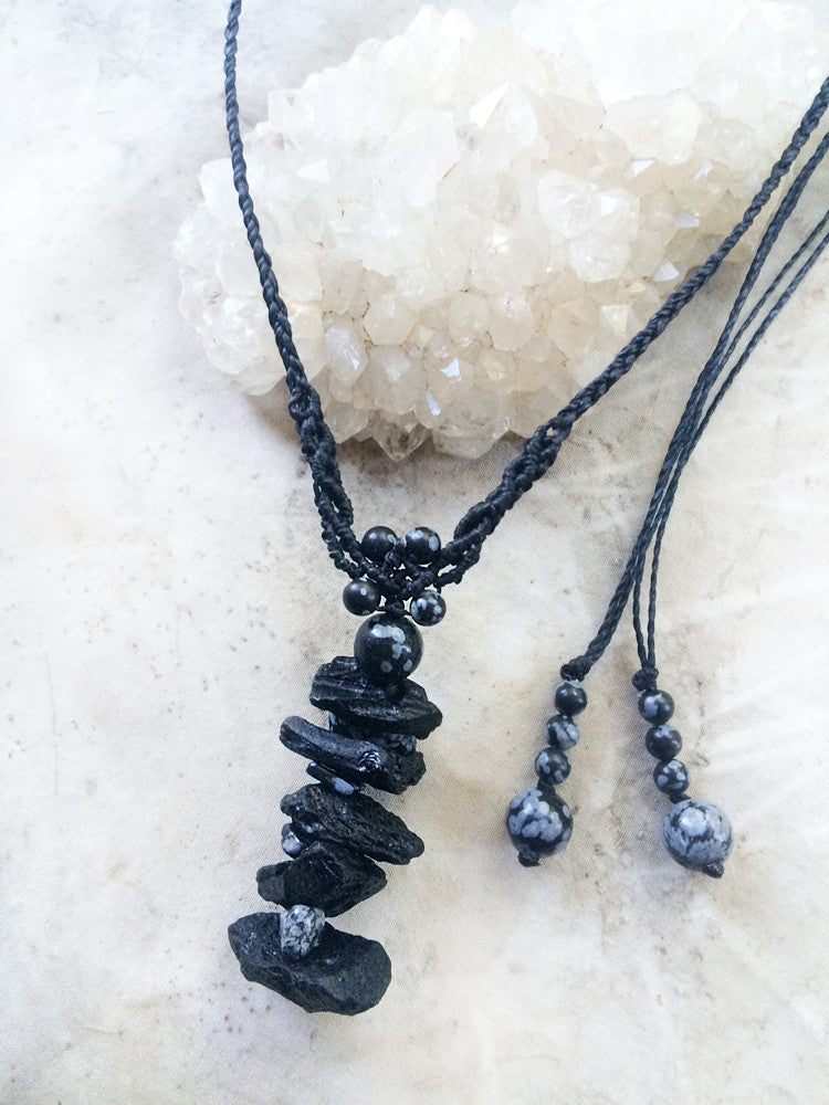 'Warrior's Guardian' ~ crystal cairn amulet with Tektite & Snowflake Obsidian