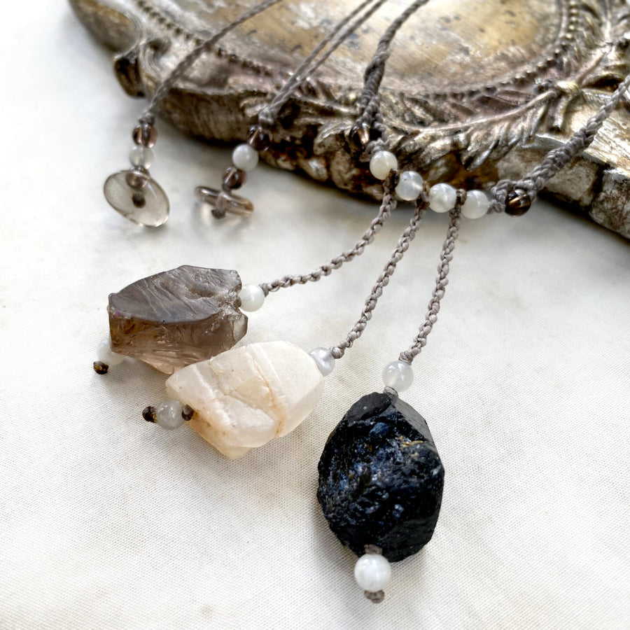 Three Stone talisman with Smokey Quartz, Black Tourmaline & Moonstone