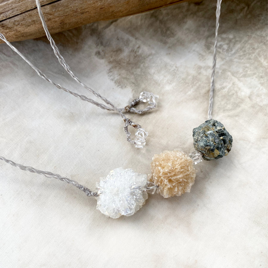 'Three Wishes' crystal healing amulet with Solar Quartz, Desert Rose & Pyrite