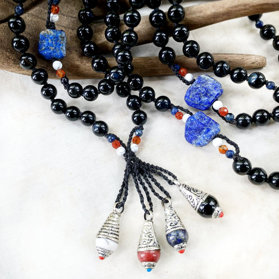Full 108-bead Tibetan style meditation mala with black Onyx counter beads