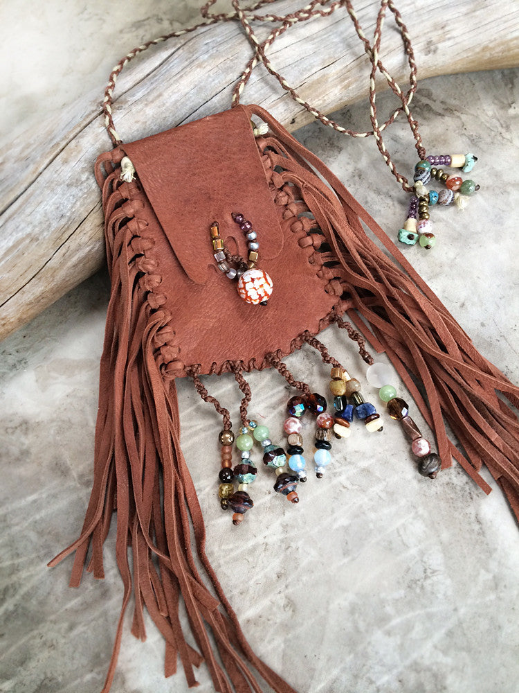 Tribal style brown leather pouch, fully hand-stitched with crystal details