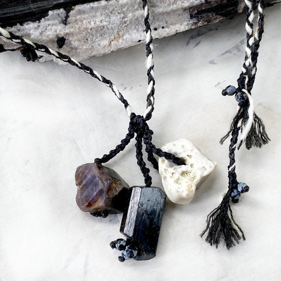 Crystal healing talisman with Flint Hagstone, Black Tourmaline, Sapphire & Snowflake Obsidian