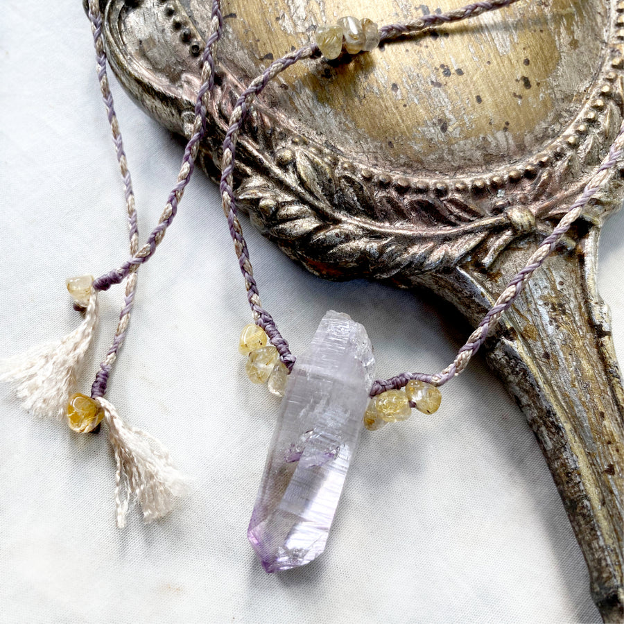 'Heart Light' crystal healing amulet with Vera Cruz Amethyst in satin braid