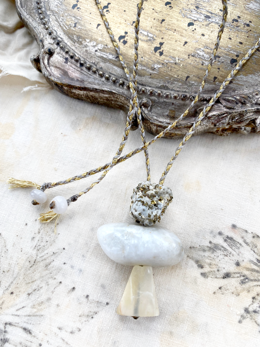 Crystal cairn amulet with Marcasite, White Quartz & Moonstone