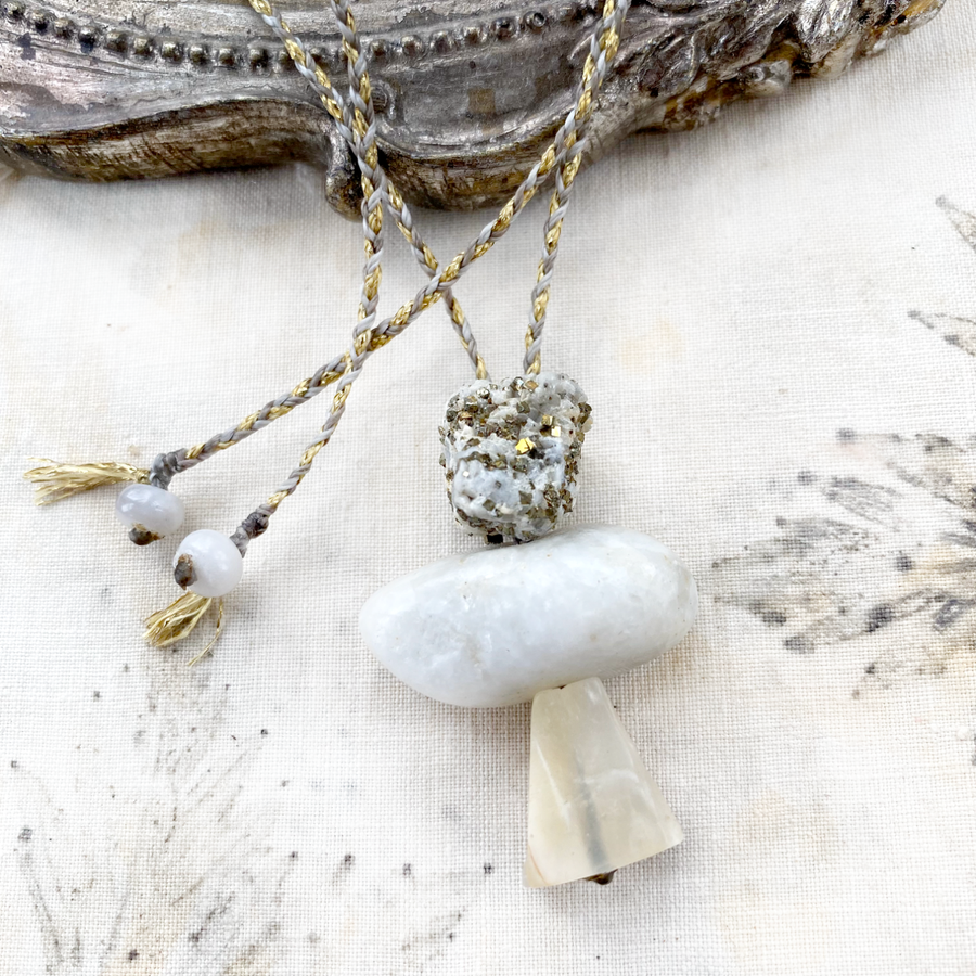 Crystal cairn amulet with Marcasite, White Quartz & Moonstone