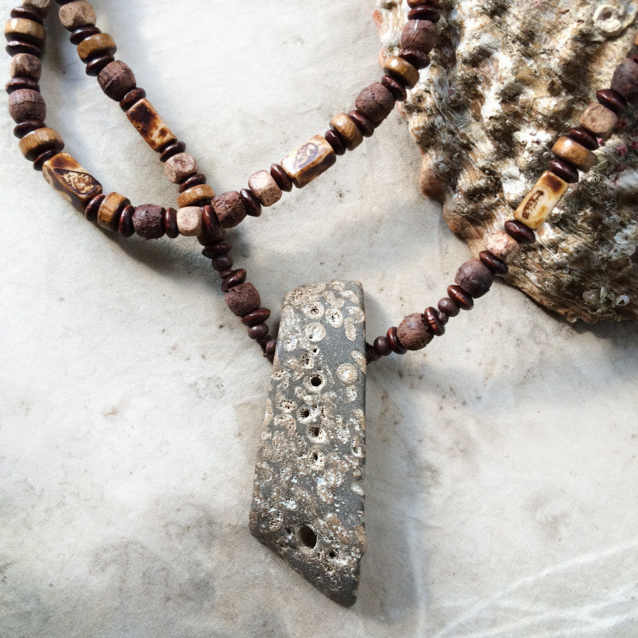 Stone talisman for men ~ with Fossil Coral on wooden necklace