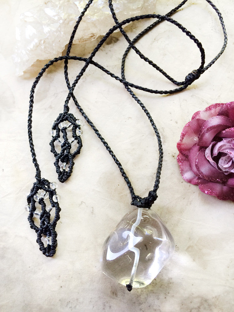 Clear Quartz crystal healing necklace in black macrame