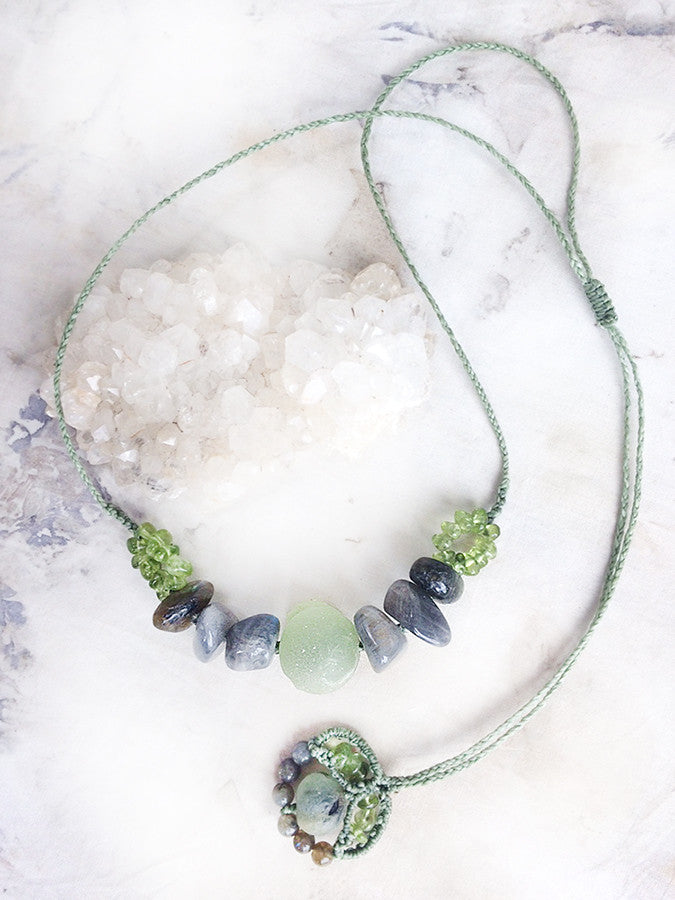 Energy flow necklace with Prehnite, Labradorite & Peridot