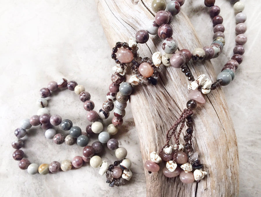 Jasper mala with Muscovite, Magnesite & Smokey Quartz