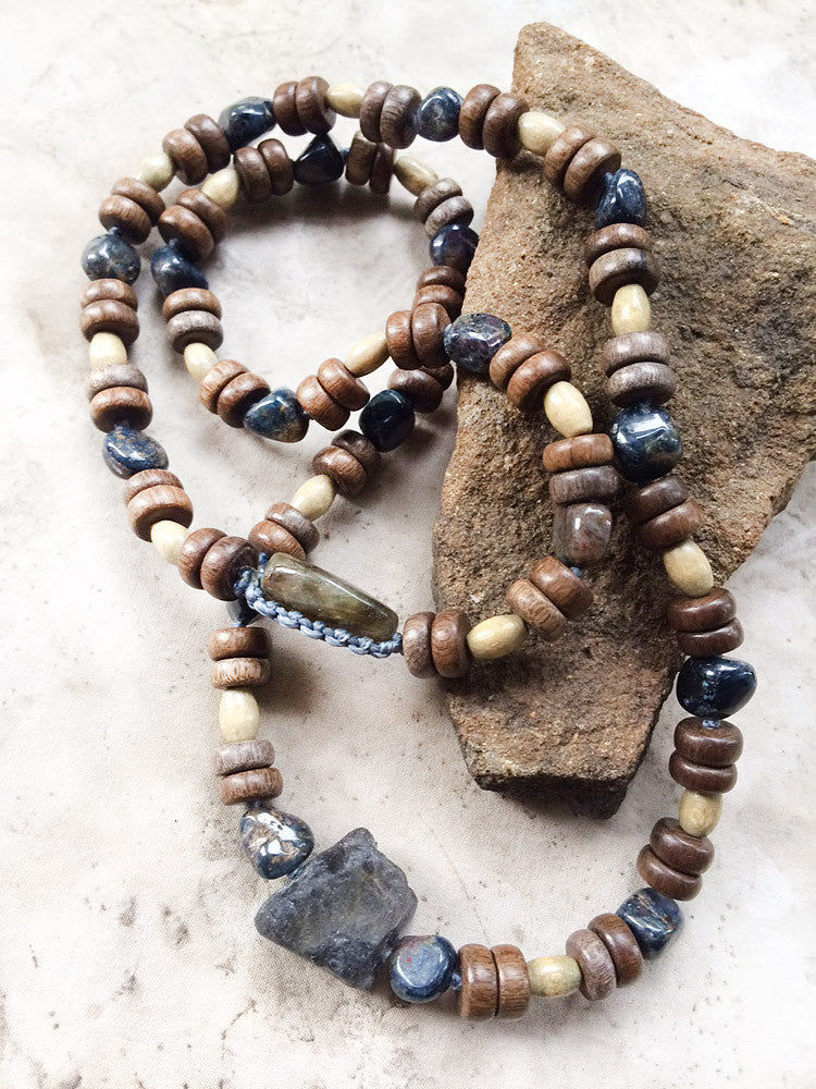 Stone talisman for men ~ with Labradorite, Pietersite & wooden beads
